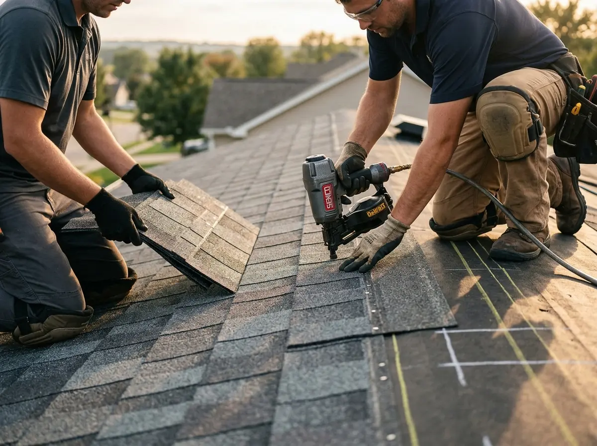 Professional roofer working on a residential roof in North Haven